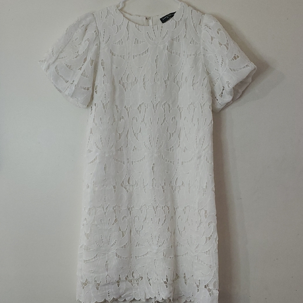 Sweet Lovely By Jen White Lace Crochet Mini Dress Size Small Fluff Sleeves